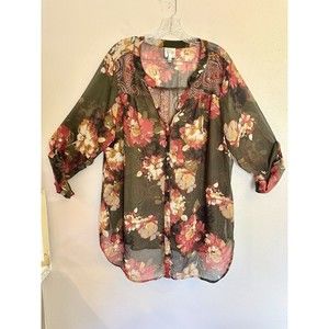 Fig & Flower Top Blouse Women Plus Size 2X Sheer Floral 3/4 Sleeve Casual BOHO